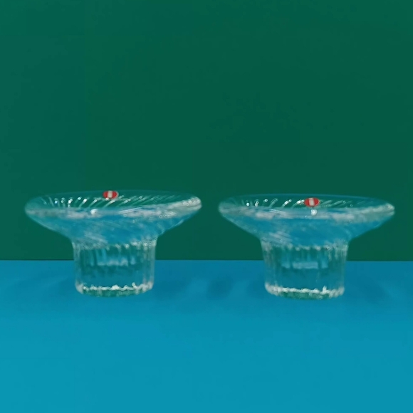 Set of 2 VTG 1980s Iitala Finland "Poppa" Clear Glass Crystal Candle Holders - Picture 4 of 11
